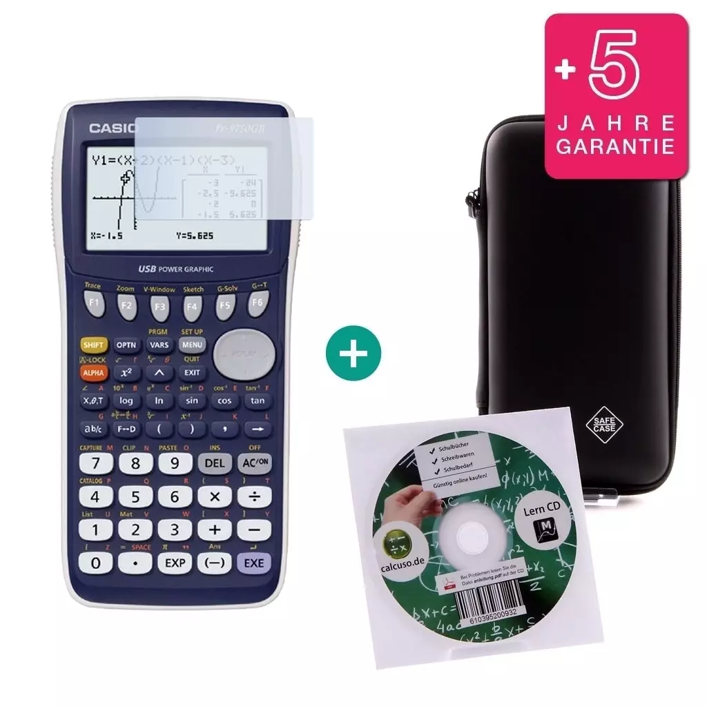 Casio FX 9750 GII $ BUNDLE: erweiterte Garantie + Lern-CD (Deutsch) + Schutzfolie + Schutztasche