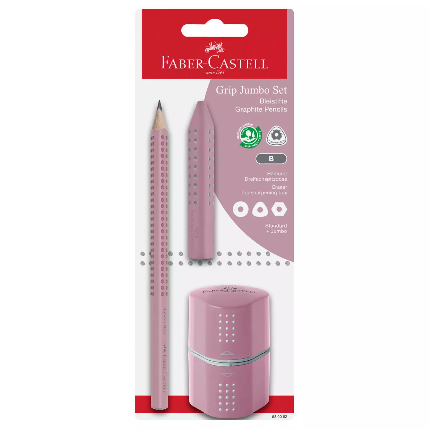 Faber-Castell Jumbo Grip set, rose shadows: thick pencil, eraser, sharpener