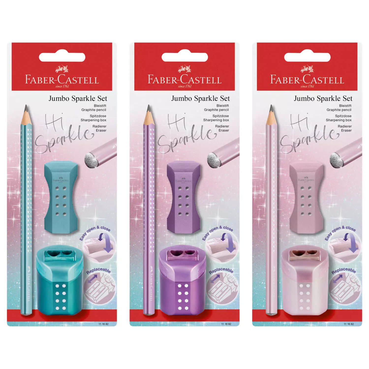 Faber-Castell Jumbo Sparkle writing set, violet metallic, rose metallic, ocean metallic