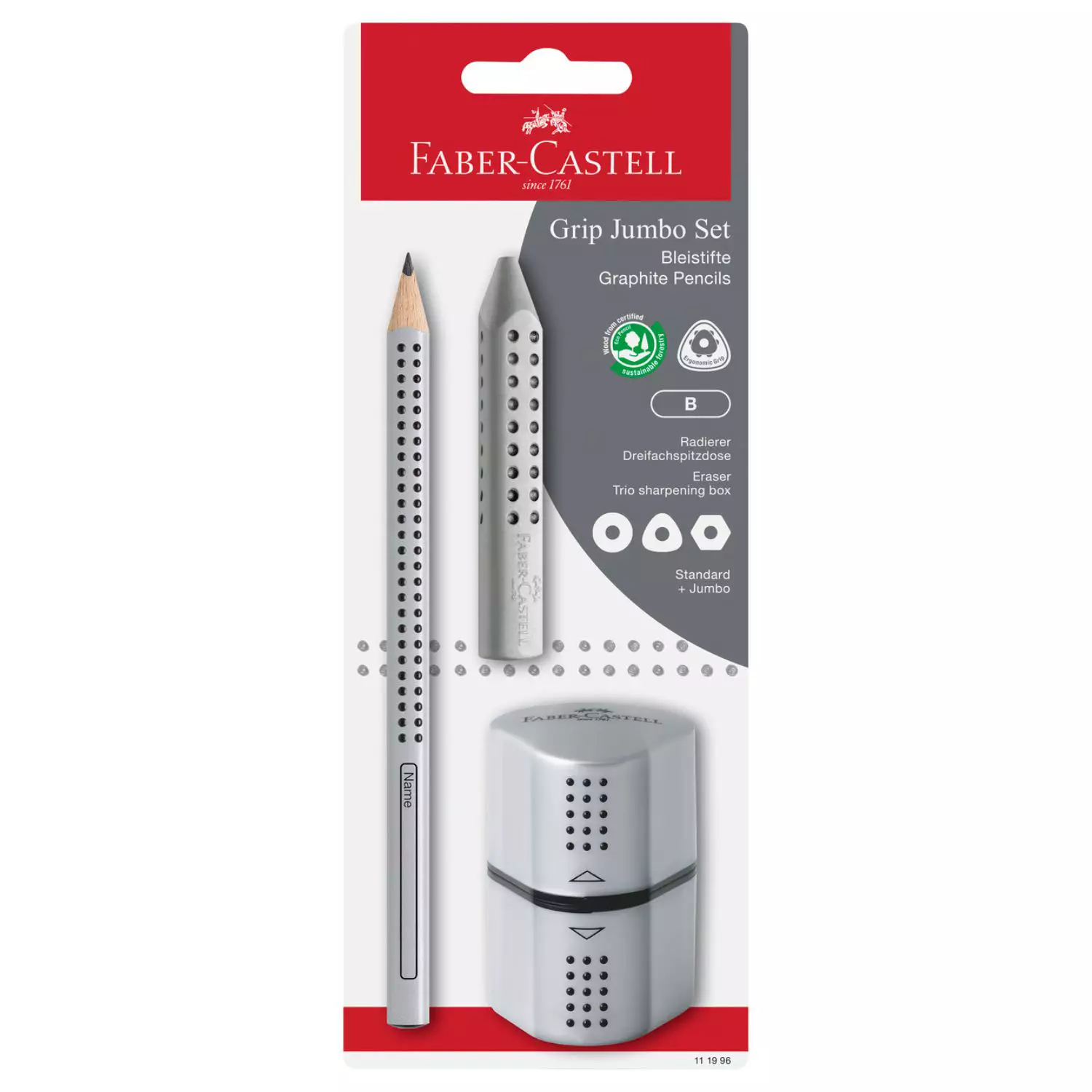 Faber-Castell Jumbo Grip set, silver: thick pencil, eraser, sharpener