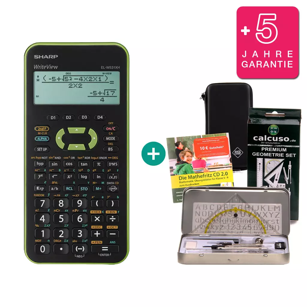 Streberpaket: Sharp EL W531 XH Grün $ BUNDLE: Schutztasche + Lern CD + Geometrie Set + Erweiterte Garantie
