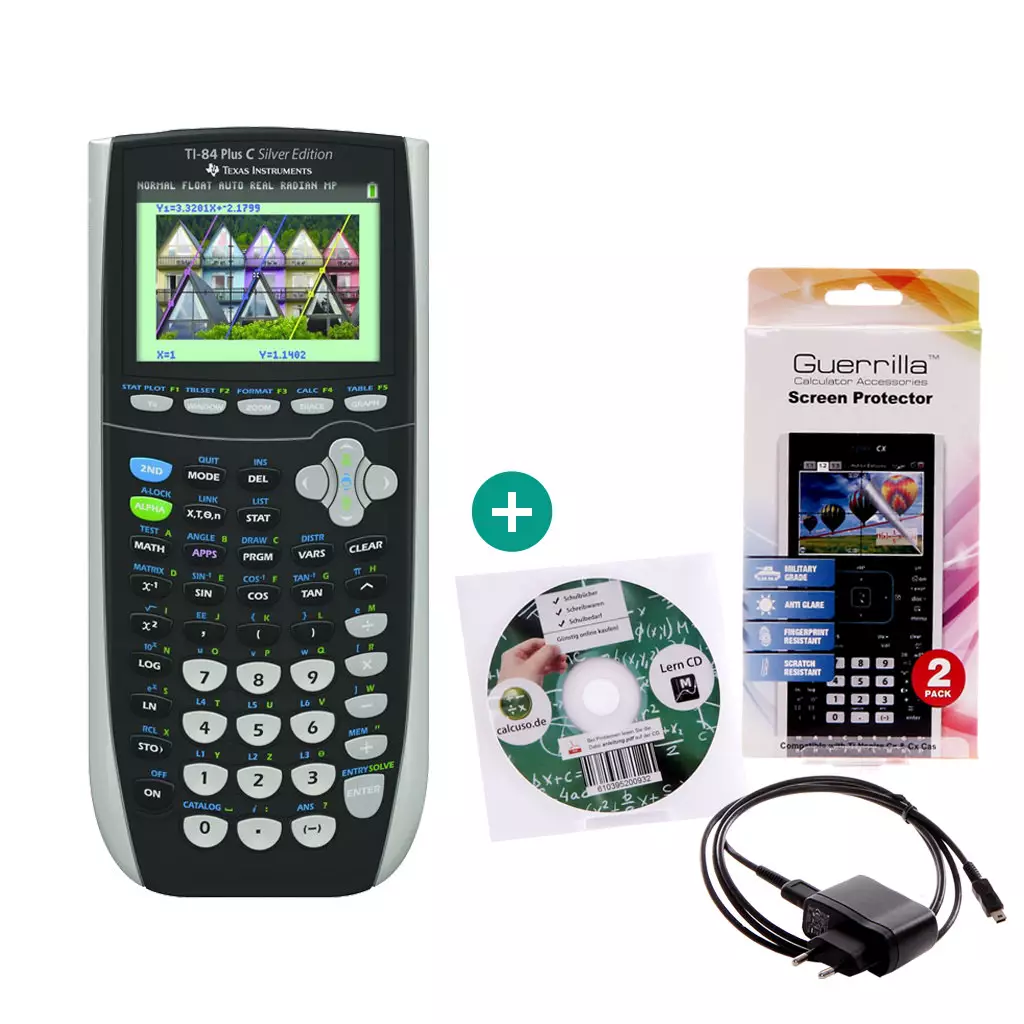 TI 84 Plus Colour Silver Edition $ BUNDLE: Ladegerät + Lern-CD (Deutsch) + Displayschutzfolie 