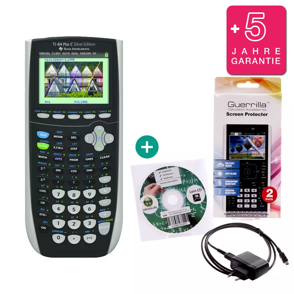 TI 84 Plus Colour Silver Edition $ BUNDLE: Ladegerät + Lern-CD (Deutsch) + erweiterte Garantie + Displayschutzfolie 