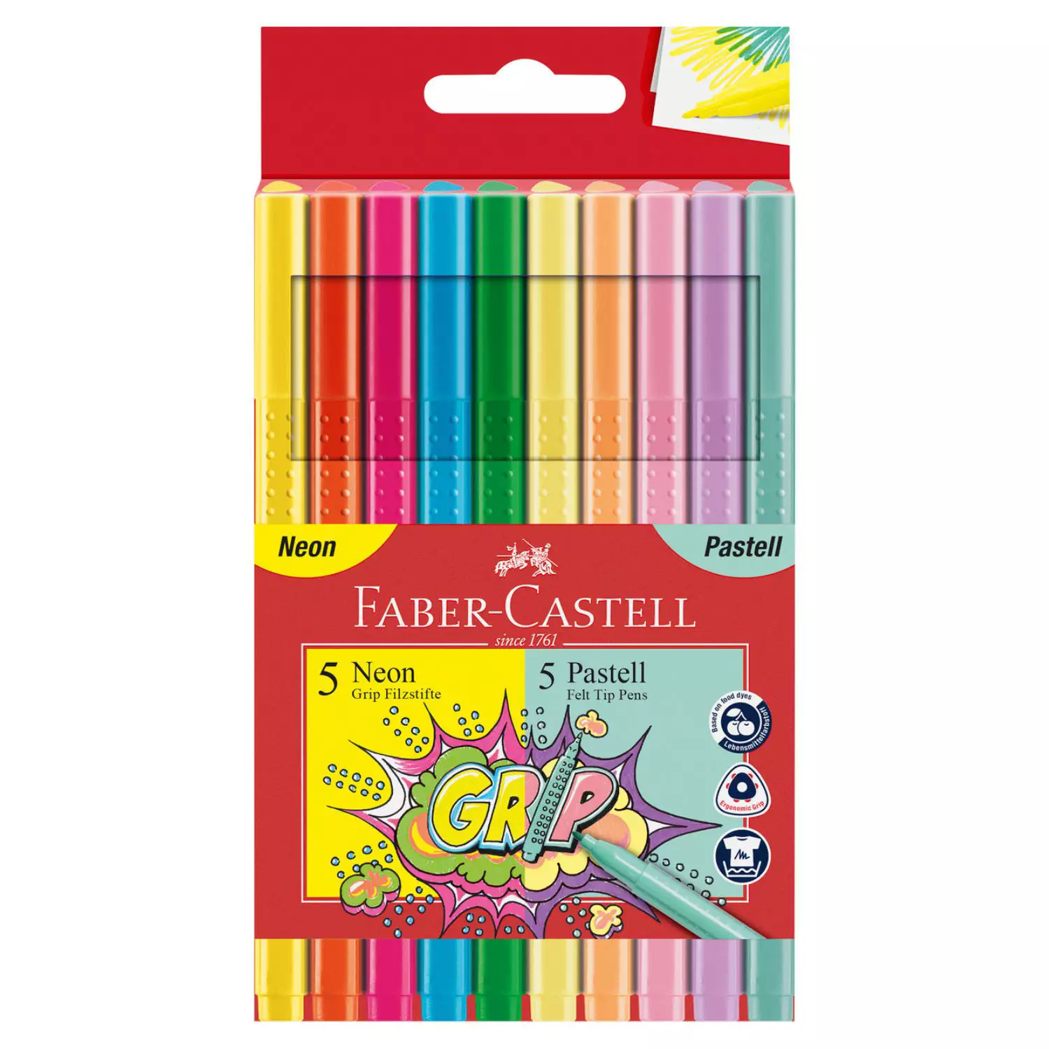 Faber-Castell Filzstifte Grip Neon + Pastell, 10er Etui