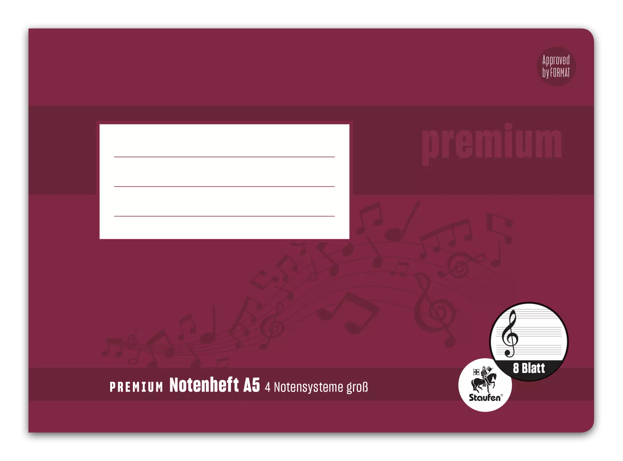 Staufen Premium Notenheft PREMIUM Academy - A5 quer, 90 g/qm, 8 Blatt, 4 große Notensysteme