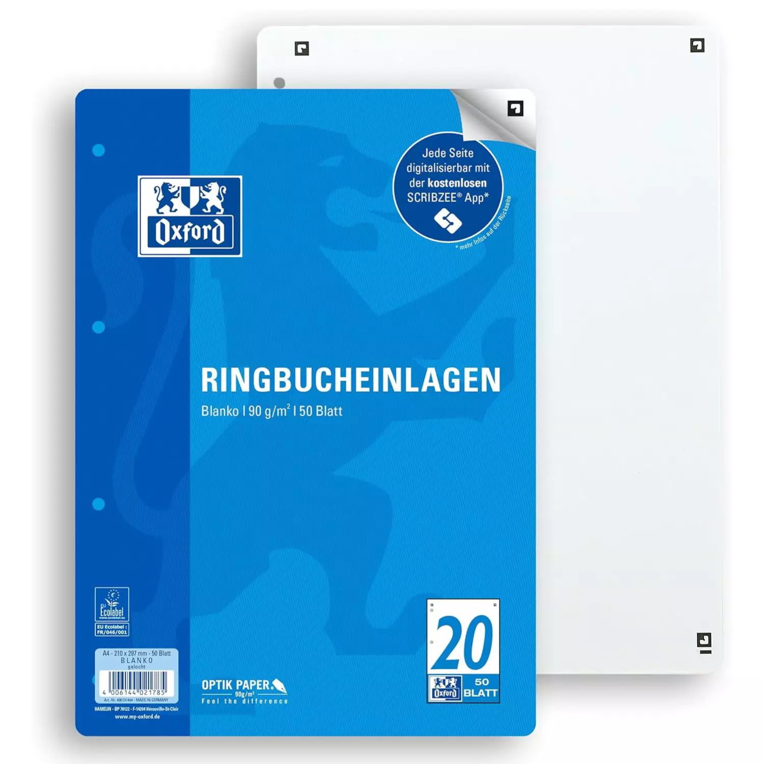 Oxford Ringbucheinlagen A4 blanko, Lineatur 20, 50 Blatt
