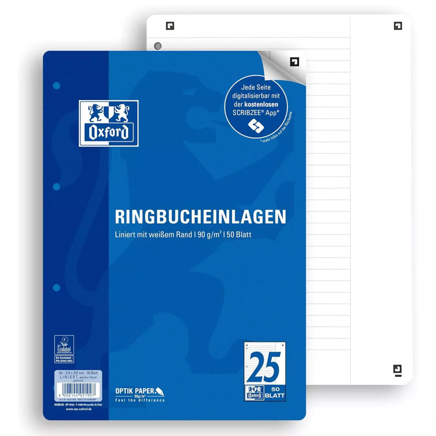 Oxford Ringbucheinlagen A4 liniert mit Rand, Lineatur 25, 50 Blatt