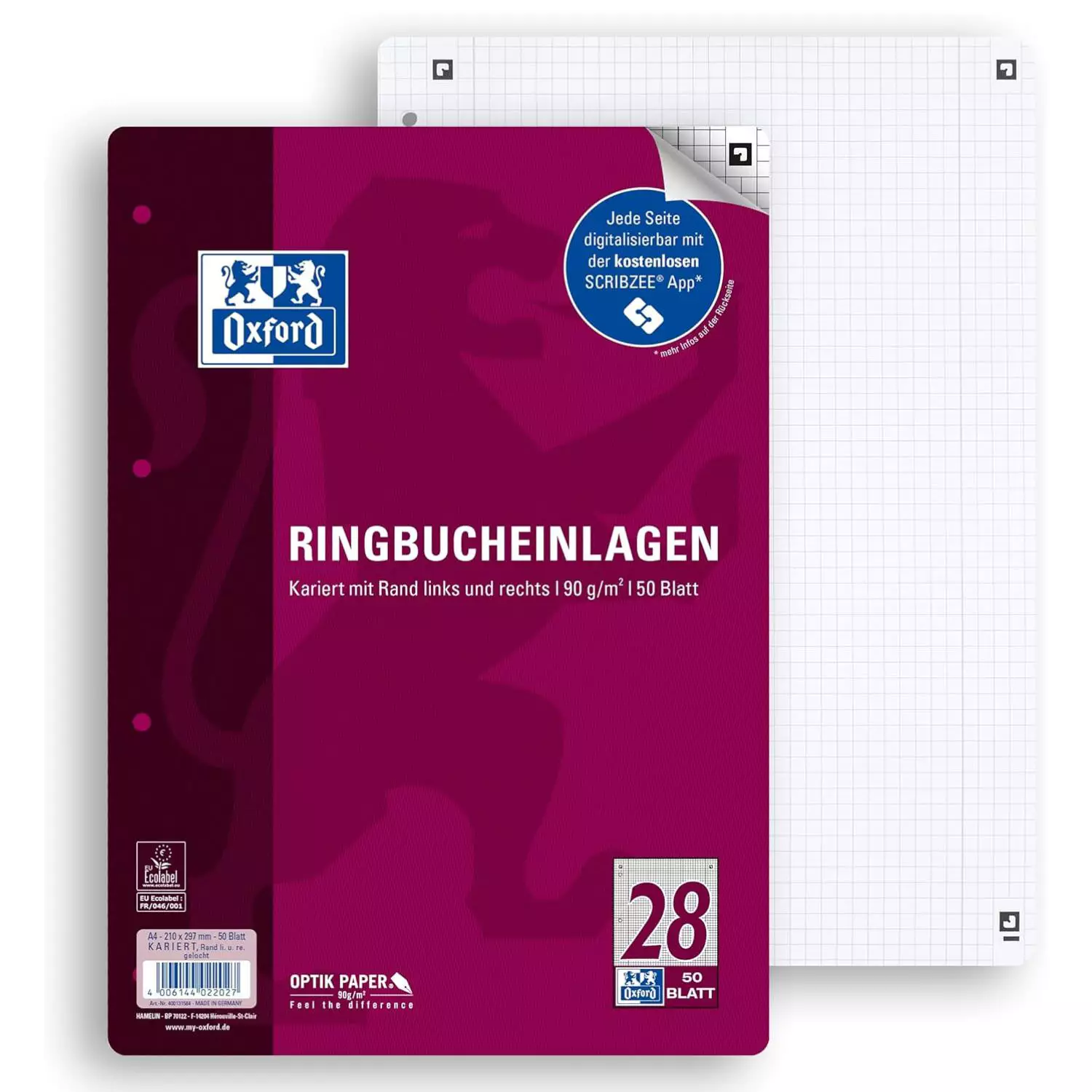 Oxford Ringbucheinlagen A4 kariert mit Doppelrand, Lineatur 28, 50 Blatt