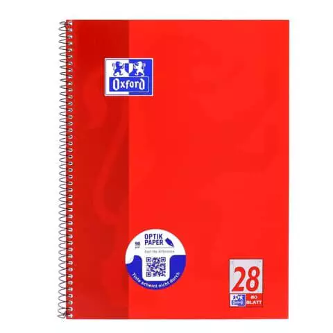 Oxford Collegeblock Schule - 90 g/qm, A4+, kariert, 80 Blatt, Rand links und rechts, perforiert, 4-fach Lochung, rot 