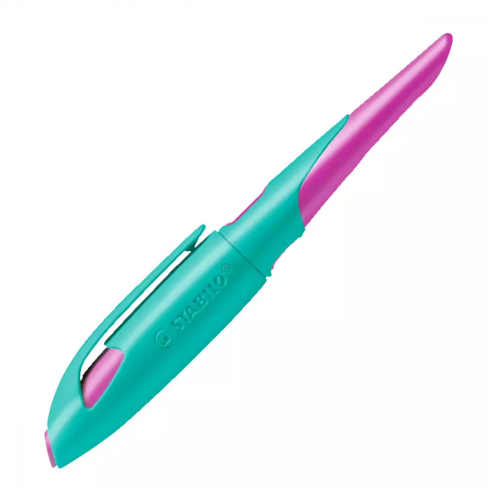 Stabilo Ergonomischer Schulfüller für Rechtshänder mit Anfänger-Feder A - EASYbirdy in türkis/neonpink - Einzelstift - inklusive Patrone - Schreibfarbe blau (löschbar)