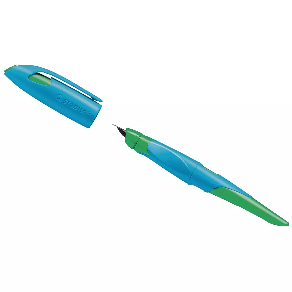 Stabilo Ergonomischer Schulfüller für Rechtshänder mit Anfänger-Feder A - EASYbirdy in himmelblau/grasgrün - Einzelstift - inklusive Patrone - Schreibfarbe blau (löschbar)
