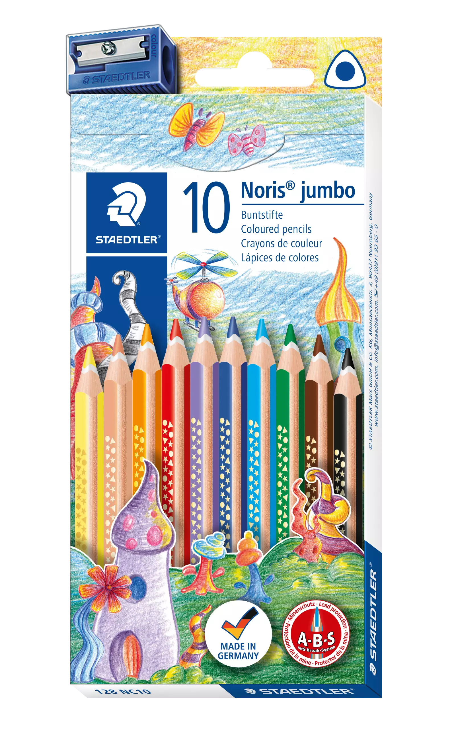 Staedtler Farbstift Noris Club jumbo - 4 mm, dreikant, Kartonetui mit 10 Farben + Spitzer