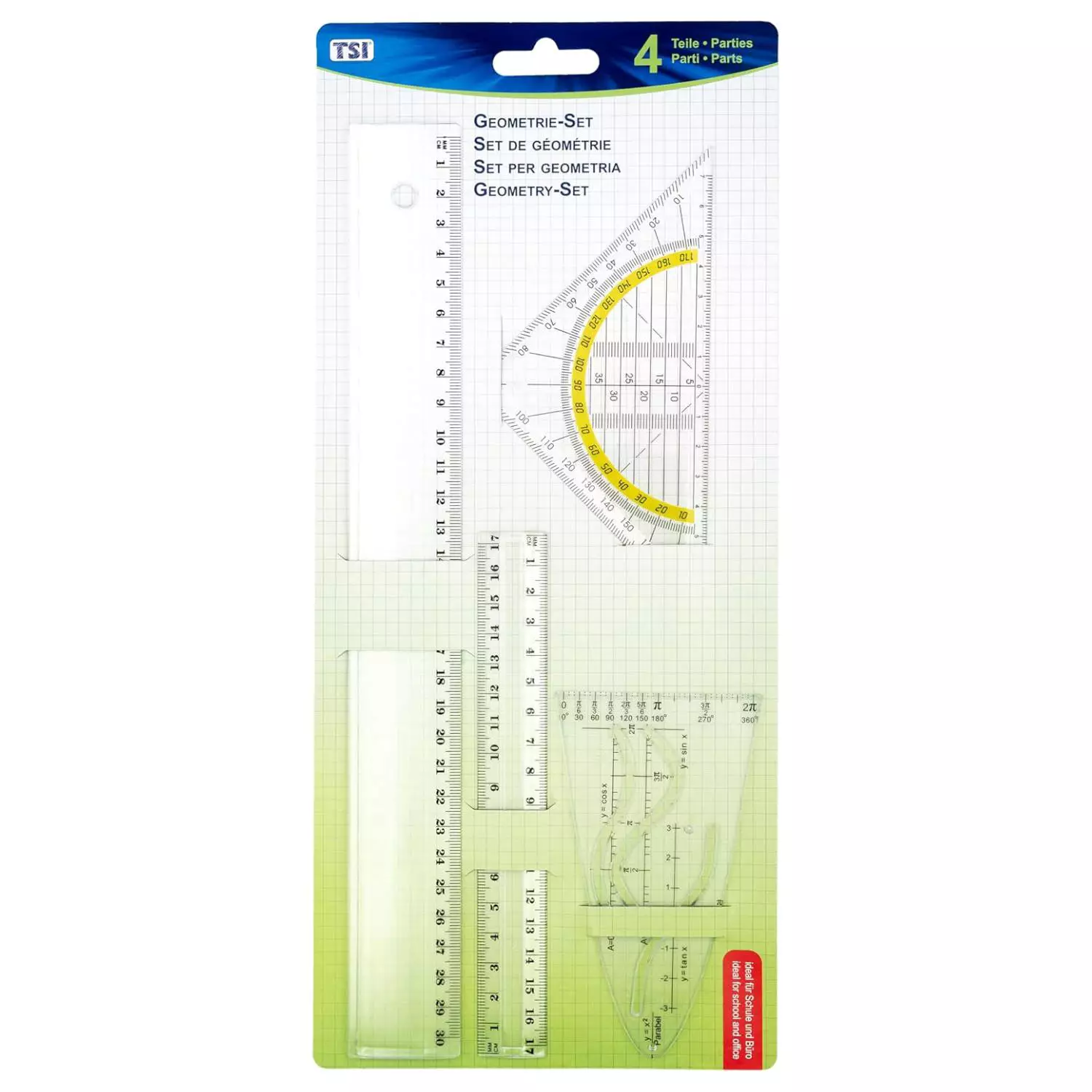 TSI Geometrie-Set, 4-teilig: Geodreieck, zwei Lineale, Parabel
