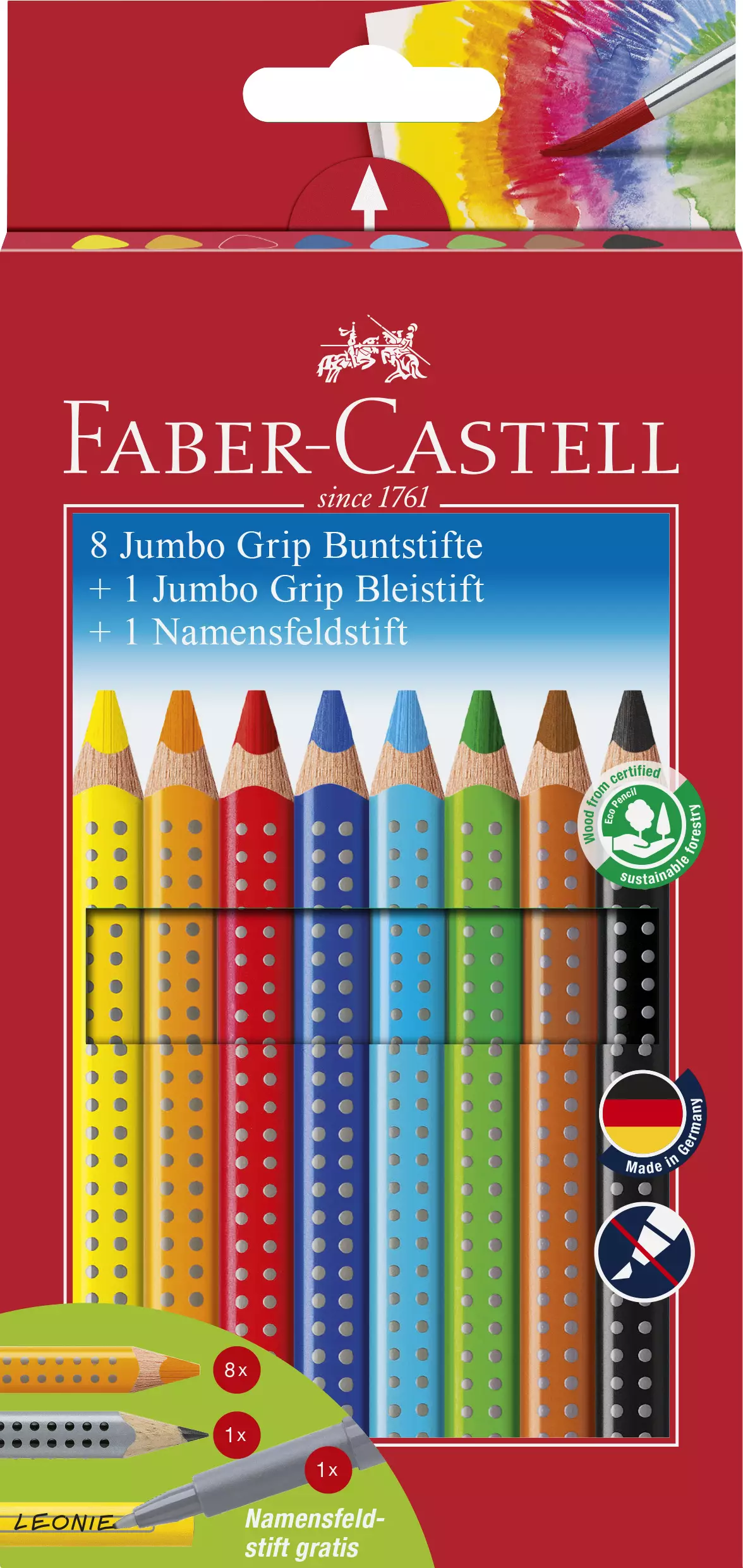 Faber-Castell Buntstift Jumbo GRIP - 8 Farben, Namensfeld- und Bleistift im Promotionetui