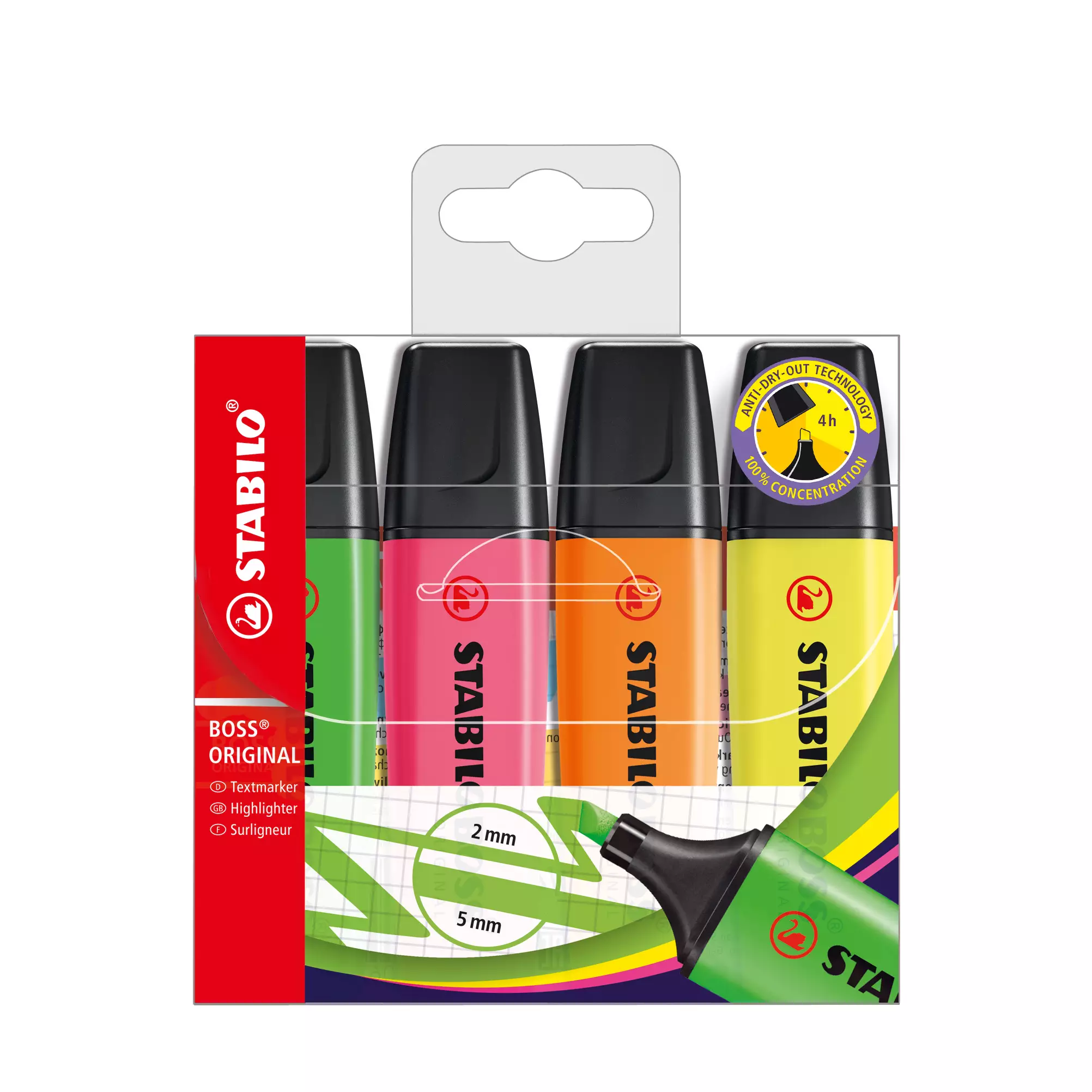 Stabilo Textmarker - BOSS ORIGINAL - 4er Pack - gelb, orange, grün, pink