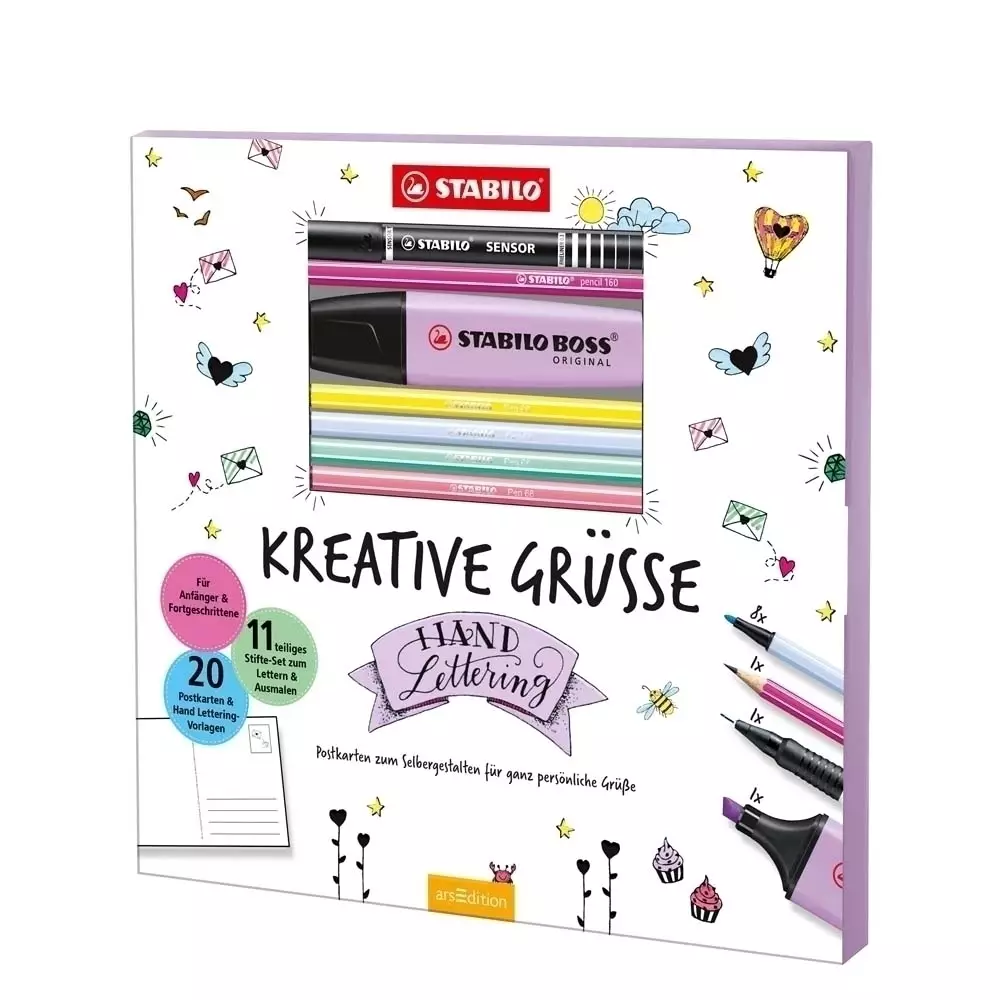 STABILO Kreative Grüsse Malbuch + 1 BOSS Pastel, 1 SENSOR, 1 Pencil 160 GUKA Bleistift und 8 Pen 68 sort
