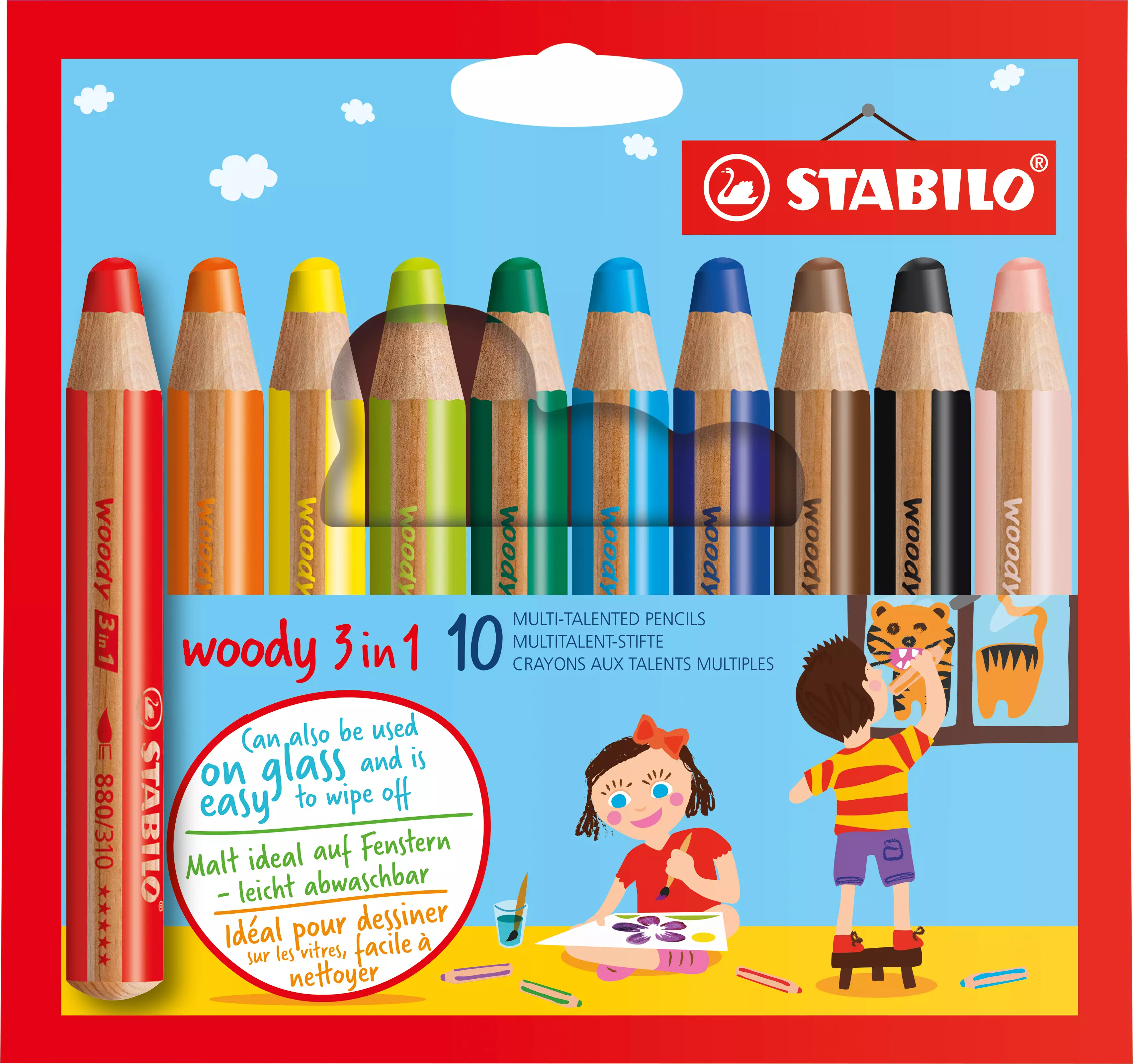 Stabilo Buntstift, Wasserfarbe & Wachsmalkreide - woody 3 in 1 - 10er Pack - mit 10 verschiedenen Farben