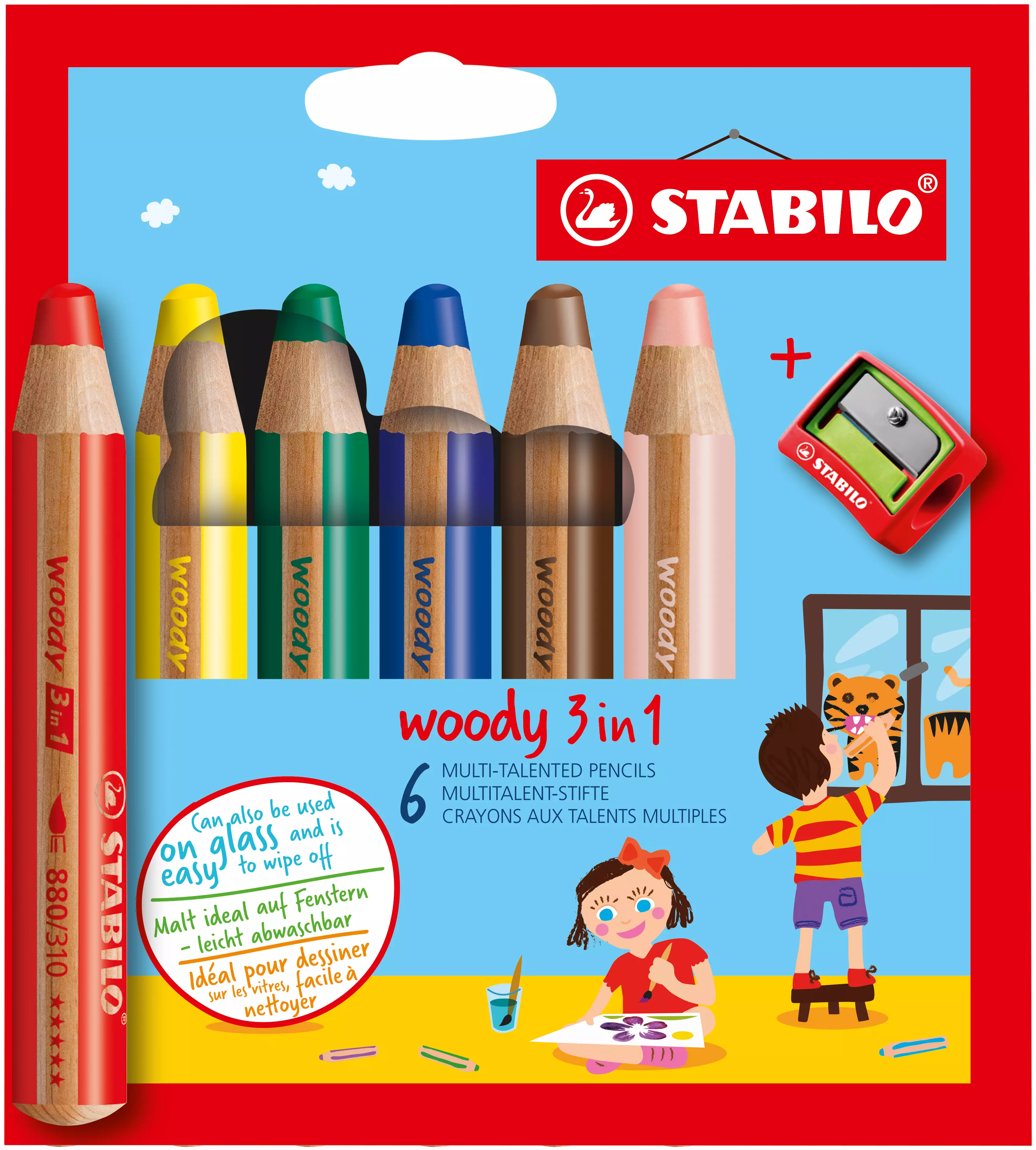Stabilo Buntstift, Wasserfarbe & Wachsmalkreide - woody 3 in 1 - 6er Pack mit Spitzer - mit 6 verschiedenen Farben