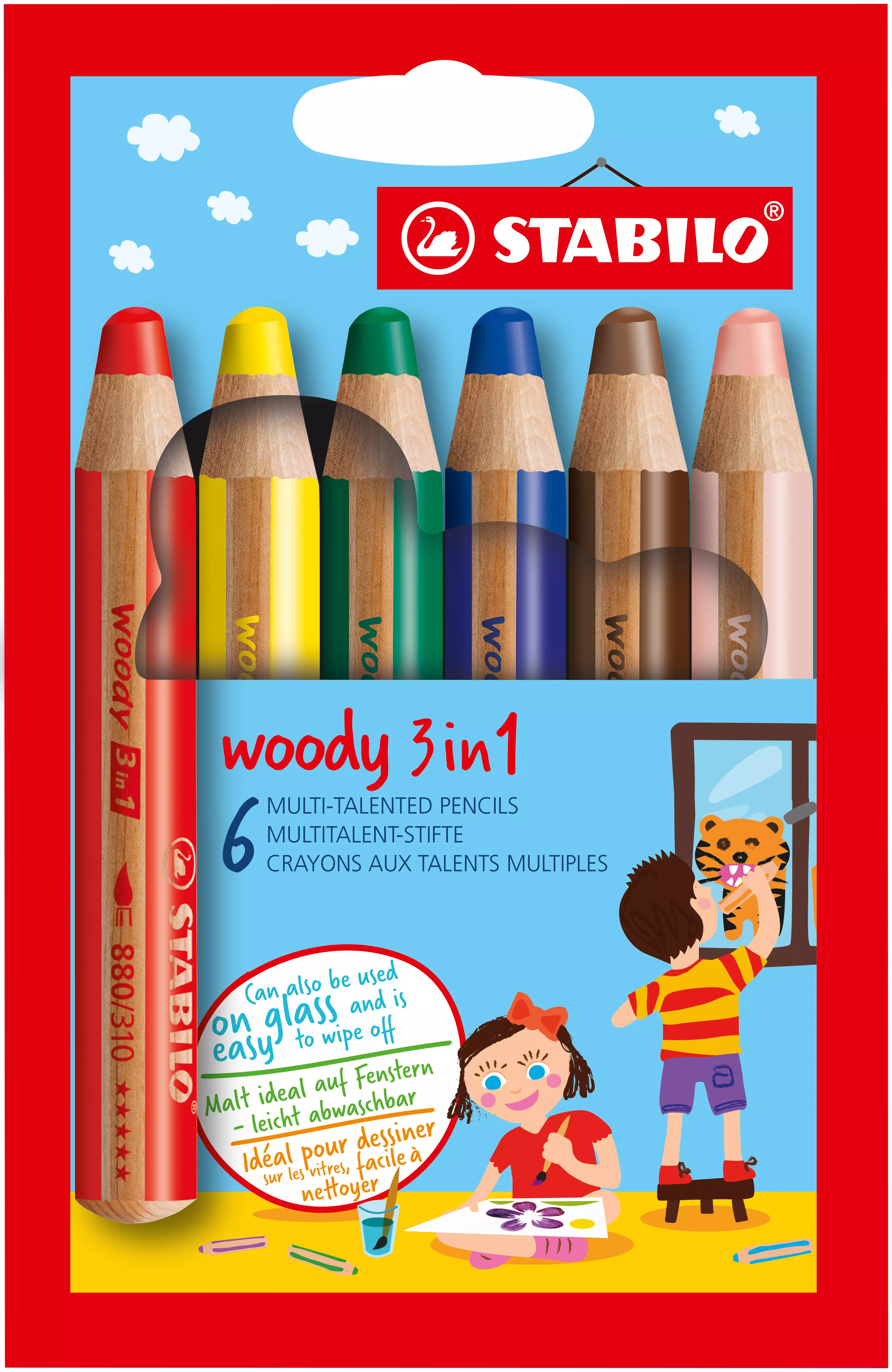 Stabilo Buntstift, Wasserfarbe & Wachsmalkreide - woody 3 in 1 - 6er Pack - mit 6 verschiedenen Farben