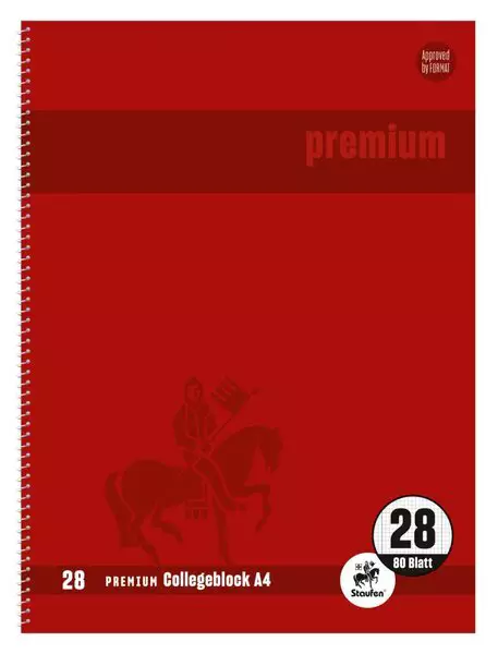Staufen Premium Collegeblock Premium LIN 28 - A4, 80 Blatt, 90 g/qm, rot, kariert mit Doppelrand