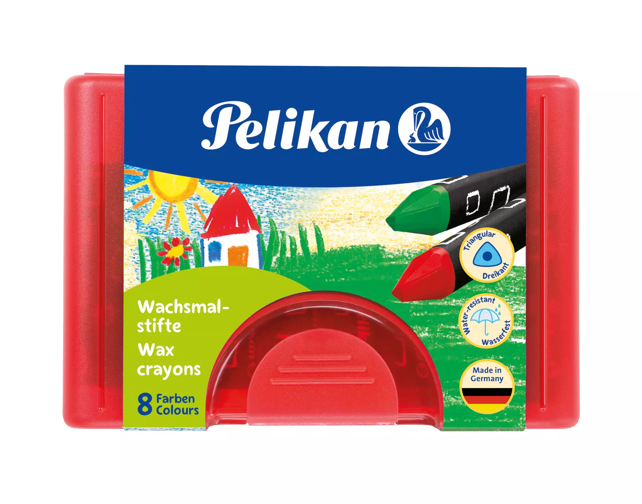 Pelikan Wachsmalstift 665/8 - 8 Farben sortiert, dreieckig, Box mit 8 Stiften + 1 Schaber