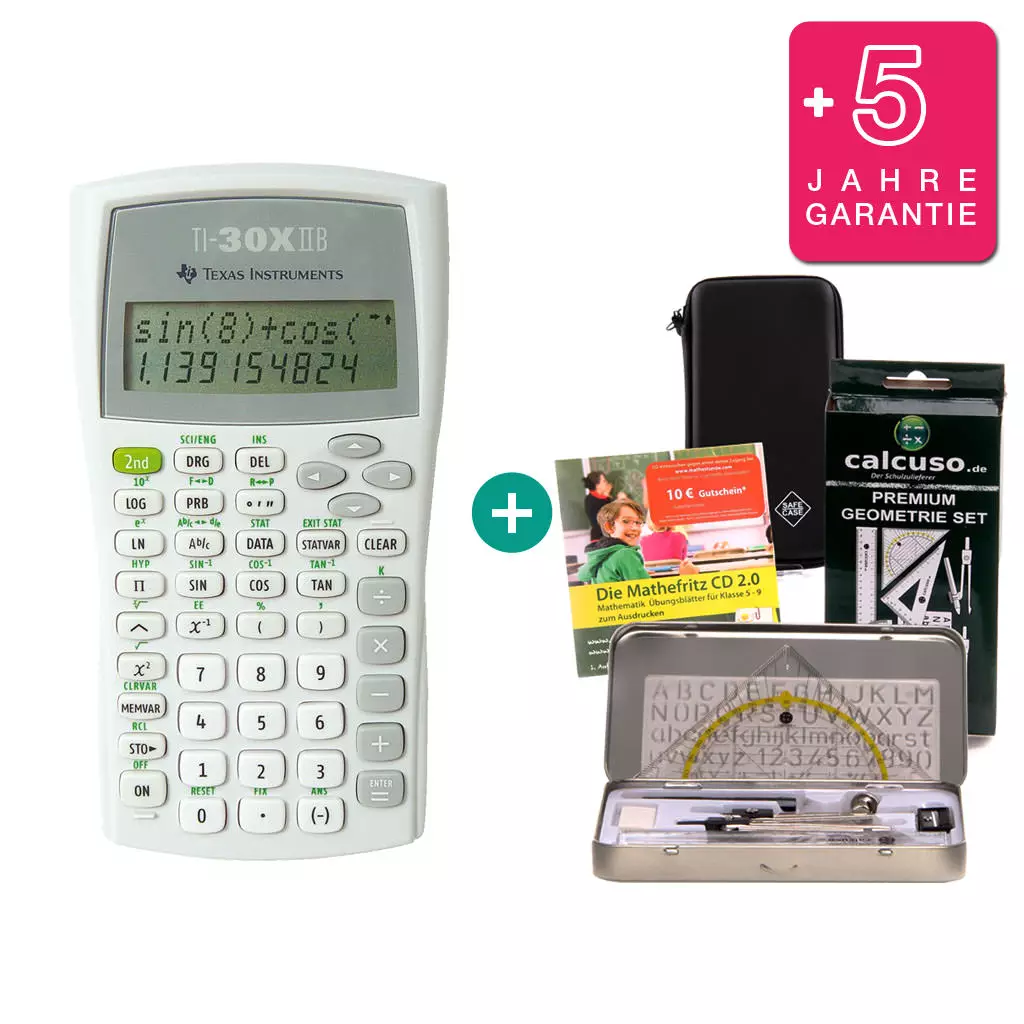610395201557 TI-30 XIIB $ BUNDLE: erweiterte Garantie + Schutztasche + Geometrie Set + Lern-CD (Deutsch) - RIP